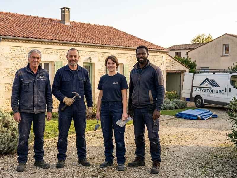 L’équipe d’Altys Toiture Pessac devant son fourgon, outils à la main, après une intervention en Gironde
